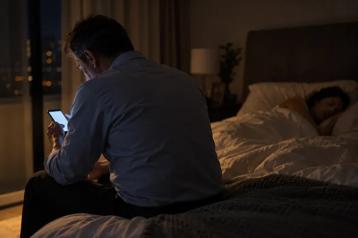 Empresário sentado na beira da cama à noite, olhando o celular, enquanto a esposa dorme