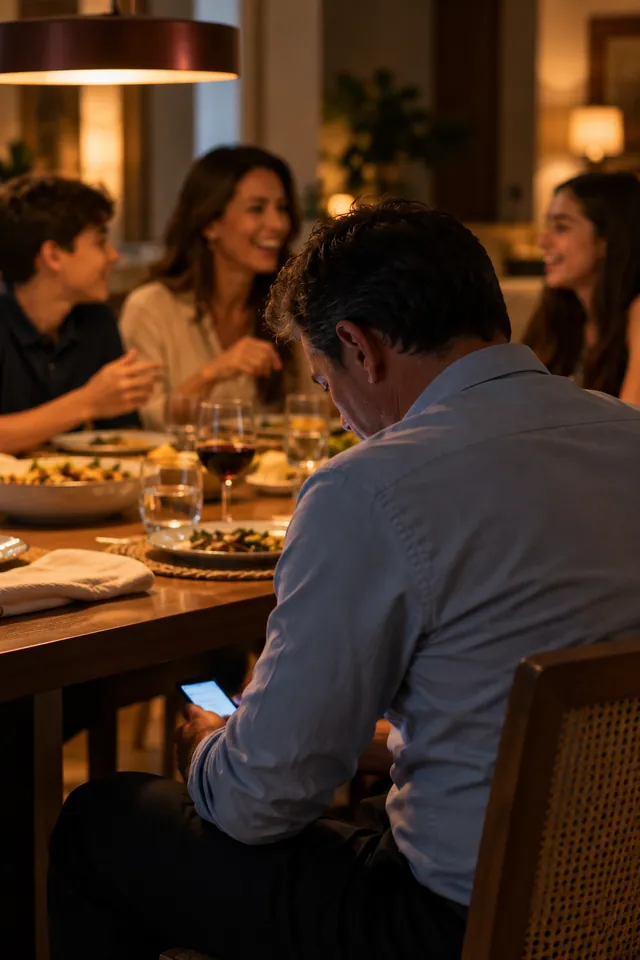 Jantar em família: a esposa e os filhos conversam e riem enquanto ele olha o celular embaixo da mesa