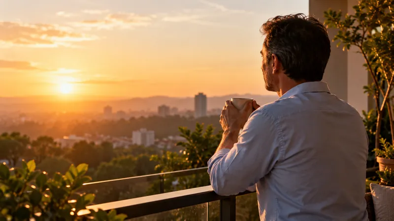 Ele de manhã cedo na varanda, segurando uma xícara de café e olhando o nascer do sol