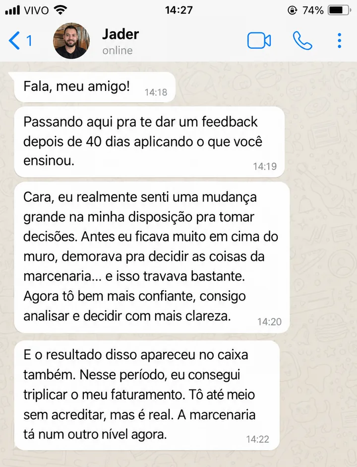 Conversa no WhatsApp com o depoimento de Jader